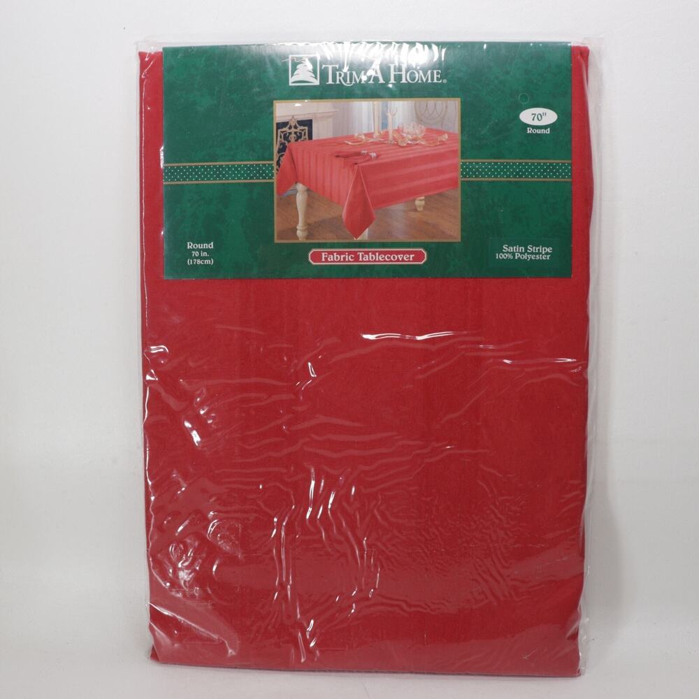 Trim A Home Fabric Tablecloth Red 70 in Round Satin Striped Holiday Christmas